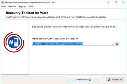 Auswählen des beschädigten Microsoft Word-Dokuments