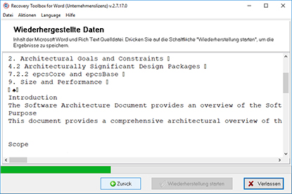 Wiederherstellung der Information aus dem beschädigten Microsoft Word Dokument oder Vorlage